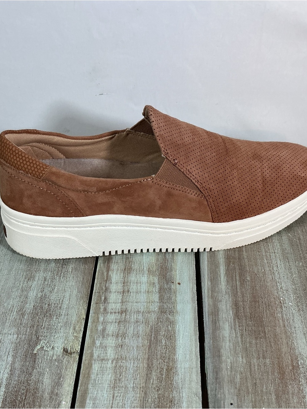 Dr. Scholl's Perforated Suede Slip-On Loafer in Brown with White Sole